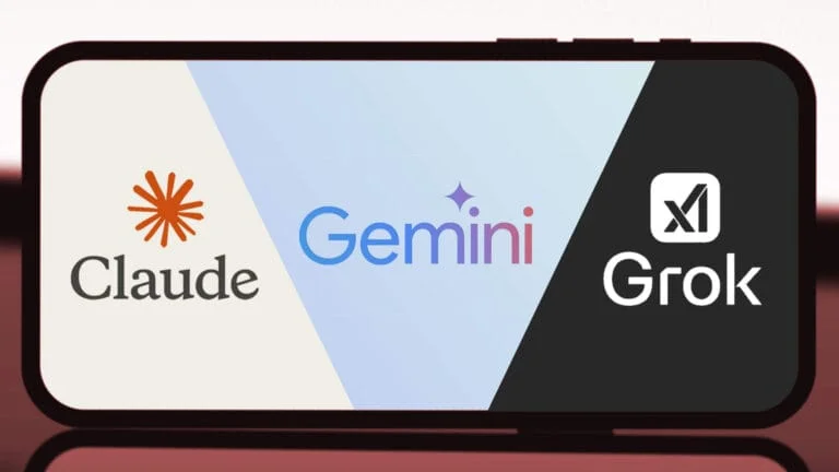 Smartphone screen featuring the logos and names of AIs Claude, Gemini and Grok, symbolizing the era of AI specialization.