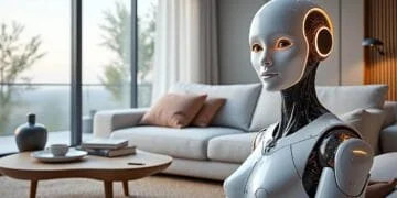 Robot compagnon IA humanoïde blanc aux yeux lumineux, assis dans un salon moderne. Évoque les relations virtuelles.