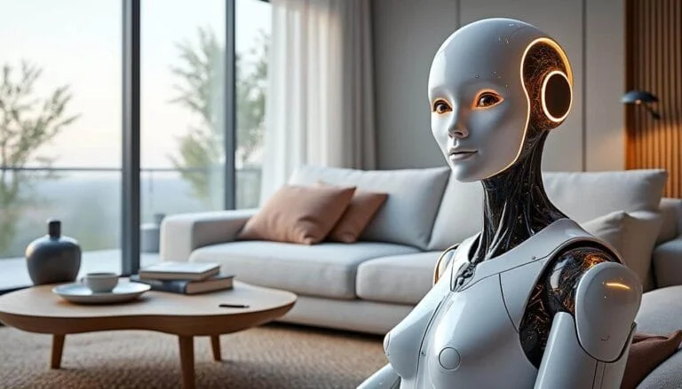 White humanoid AI robot companion with luminous eyes, sitting in a modern living room. Evokes virtual relationships.