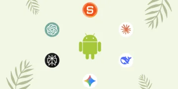 Logo Android central entouré d'icônes d'applications d'intelligence artificielle (ChatGPT, Perplexity, Socratic, Zapier, etc.). Représente l'IA Gratuite en 2026 pour le quotidien.