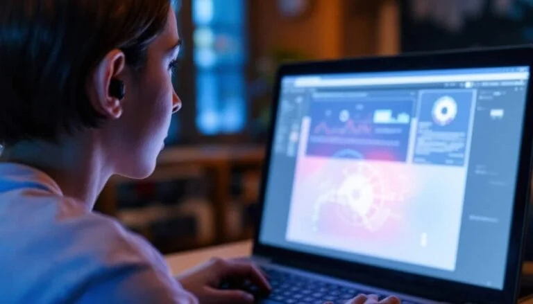 Femme concentrée devant un ordinateur portable affichant des graphiques et données complexes, symbolisant le paradoxe de l'IA et la tech moderne.