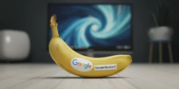 Banane jaune marquée Google et "Google Banana 2" devant un écran bleu tourbillonnant. Symbolise l'IA de Google pour la création visuelle.