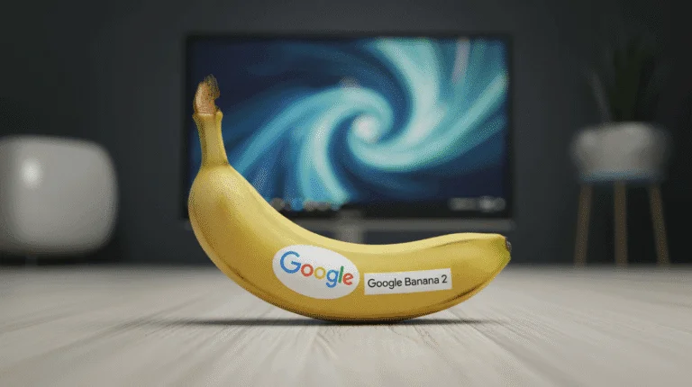 Yellow banana branded Google and "Google Banana 2" in front of a swirling blue screen. Symbolizes Google's AI for visual creation.