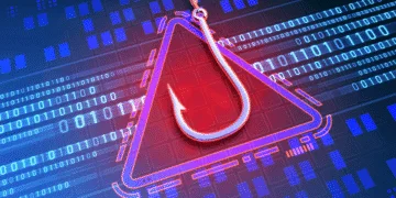 Hameçon de pêche métallique devant un triangle d'avertissement rouge sur fond numérique bleu avec code binaire. Représente les cyberarnaques et pièges.