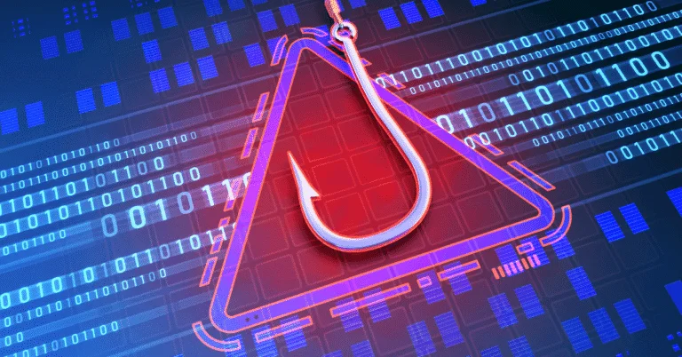 Metal fishing hook in front of a red warning triangle on a blue digital background with binary code. Represents cyber scams and traps.