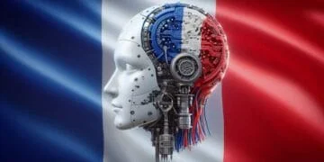 Tête de robot futuriste avec circuits internes bleus, blancs, rouges, sur fond de drapeau français. Symbolise l'IA générative et l'intelligence en France en 2026.