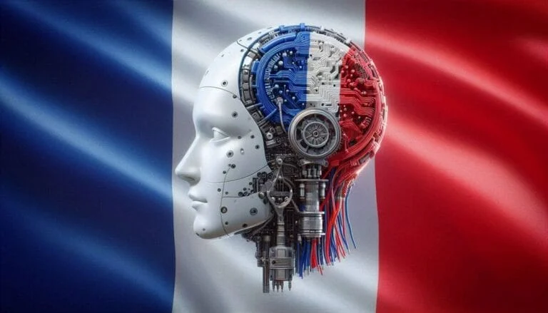 Futuristic robot head with blue, white and red internal circuitry, on a French flag background. Symbolizes generative AI and intelligence in France in 2026.