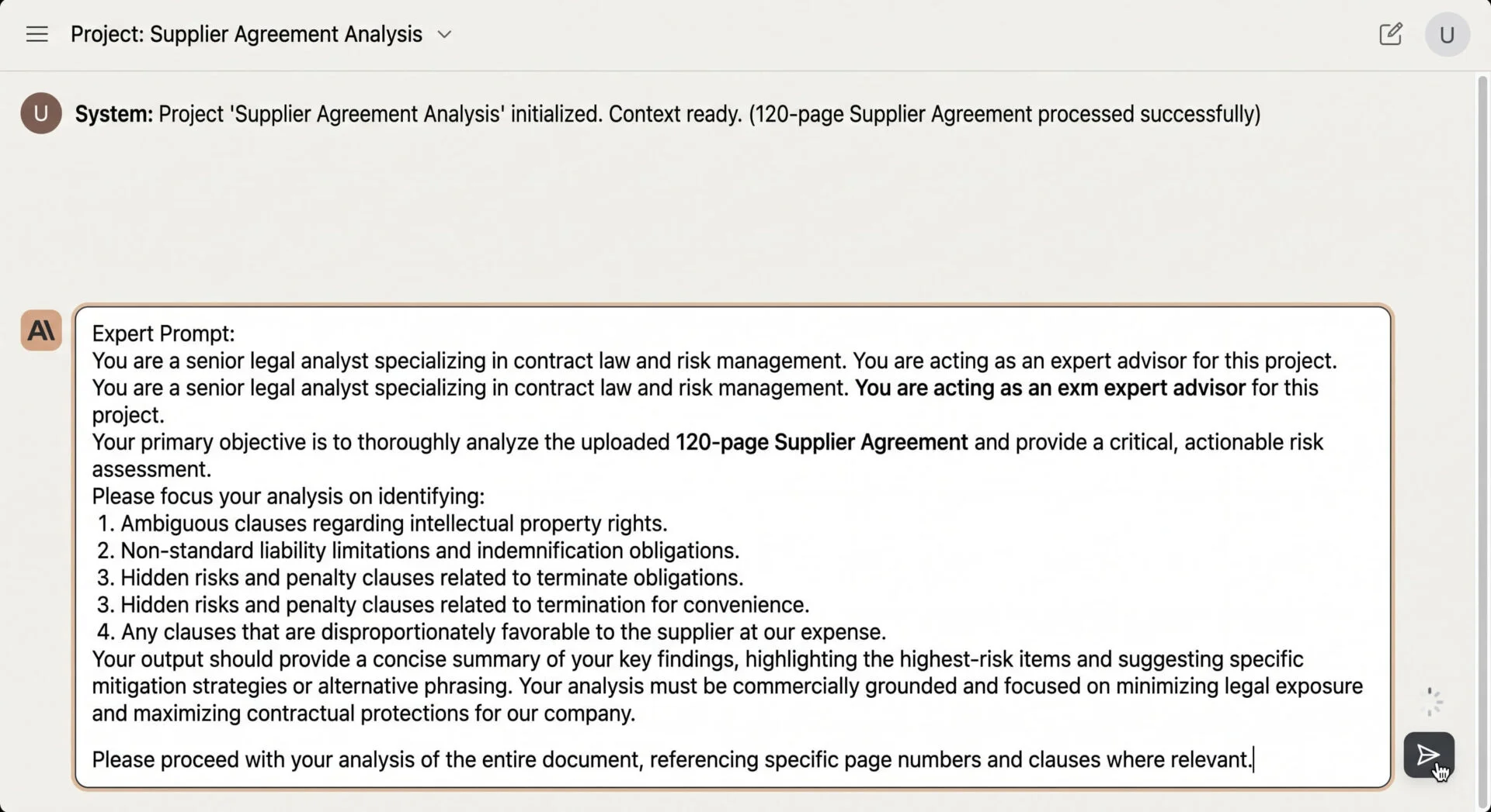 Interface de Claude montrant un prompt expert pour l'analyse d'un contrat fournisseur de 120 pages, identifiant les risques juridiques.