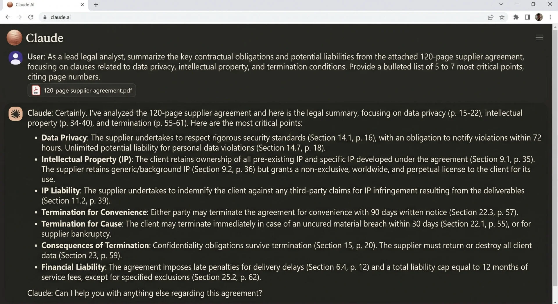 Claude AI summarizing a 120-page supplier contract, including a legal analysis of key points regarding confidentiality and intellectual property.