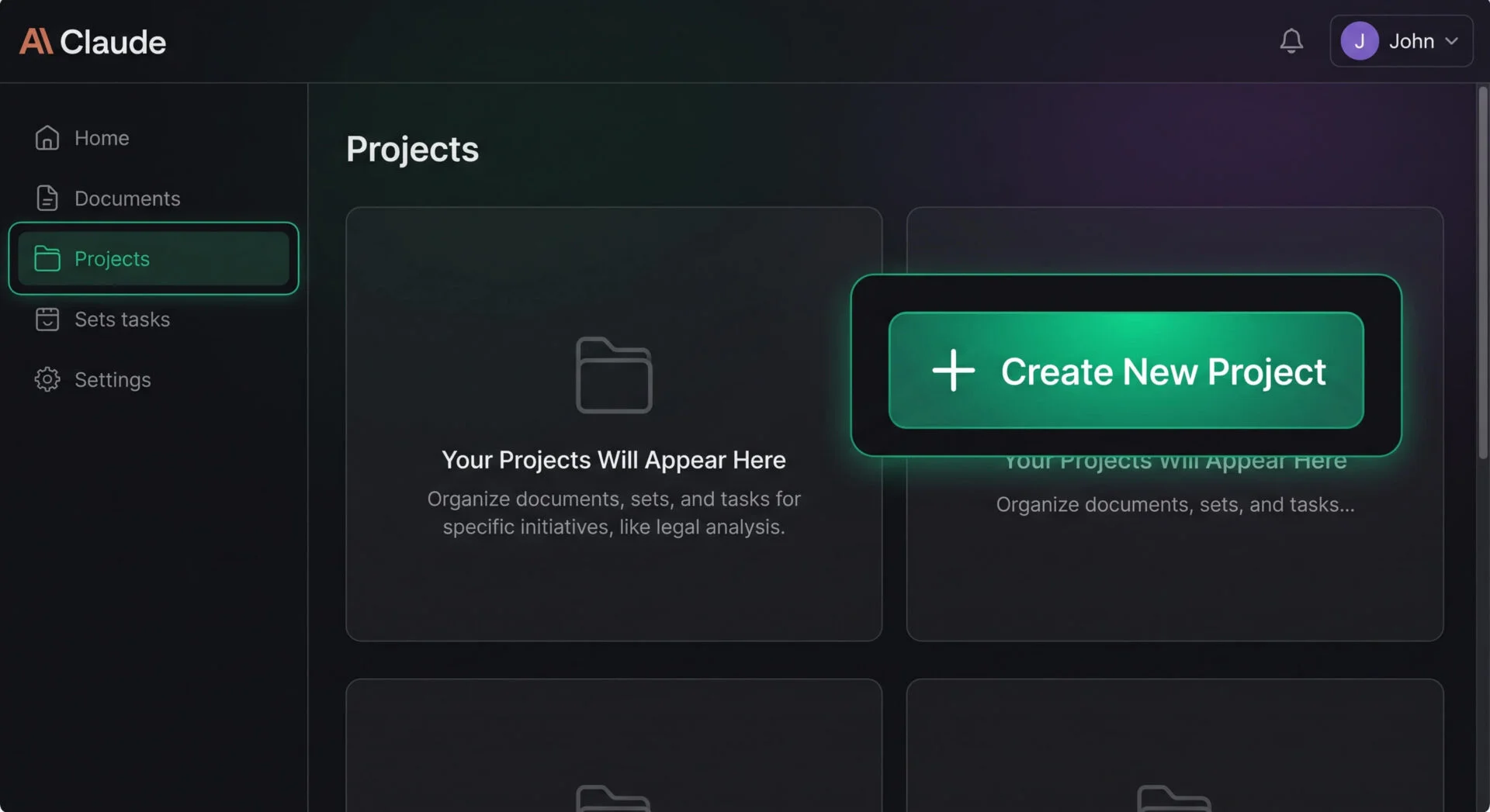 Interface utilisateur de Claude AI en mode sombre, affichant la section Projets et le bouton 'Créer un nouveau projet' en surbrillance.