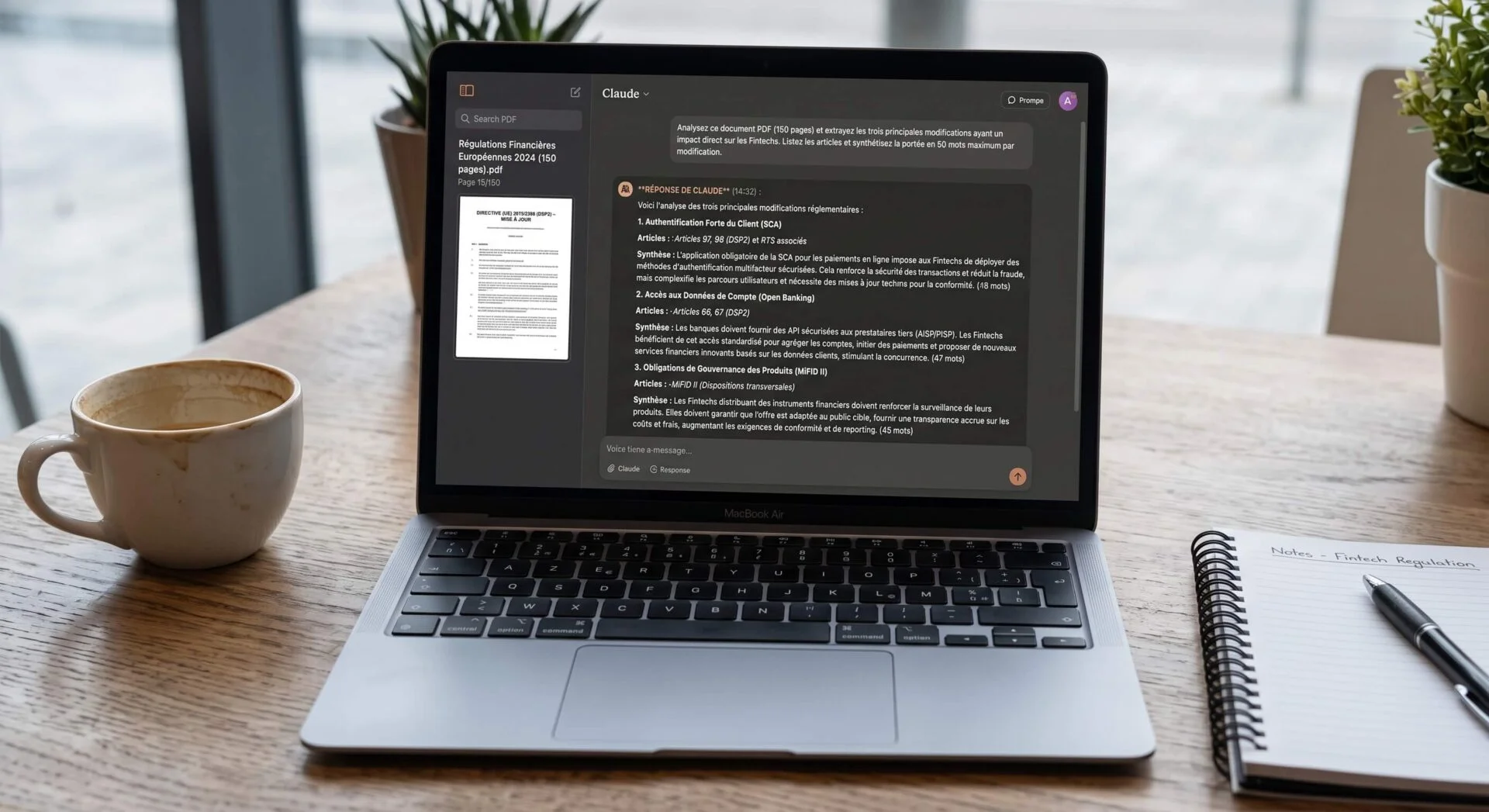 Assistant IA Claude résumant des régulations Fintech sur un laptop, optimisant l'analyse documentaire.