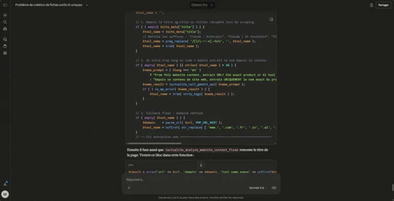 Code PHP pour l'extraction de noms d'outils IA via scraping et API Gemini, affiché dans une interface de chat.