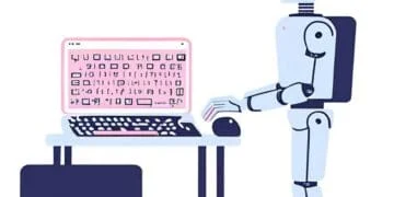 Robot bleu clair devant un ordinateur portable avec écran rose affichant du texte robotique. Représente l'IA écrivant un texte à humaniser.