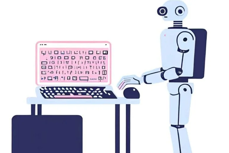 Light blue robot in front of a laptop with pink screen displaying robotic text. Represents AI writing text to be humanized.