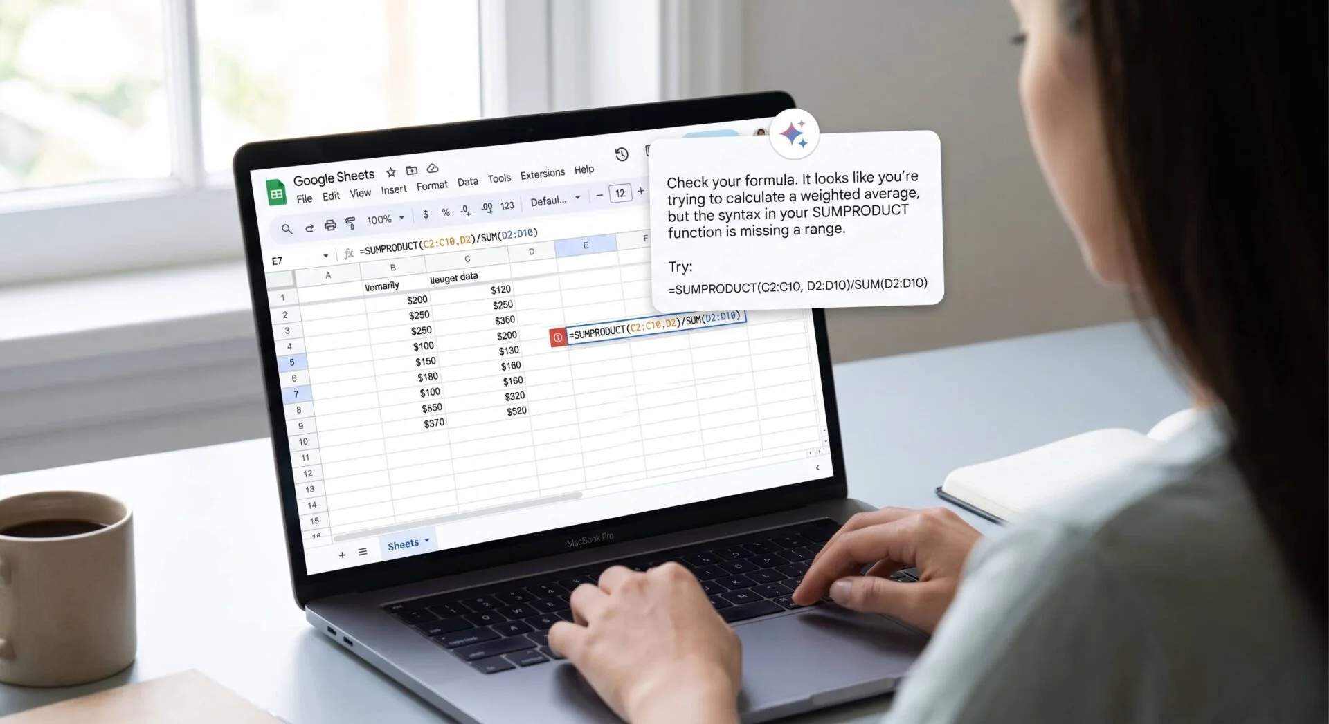Gemini in action on Google Sheets: The AI detects and suggests a correction to a SUMPRODUCT formula for a weighted average.