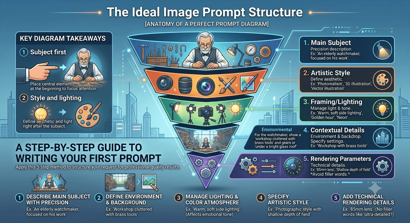 Guide visuel des 5 étapes pour structurer un prompt IA parfait, de la description du sujet aux détails techniques de rendu.