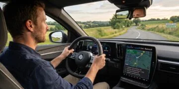 Testeur au volant d'une Renault, écran affichant Gemini openR link et navigation, évaluant l'IA sur route.
