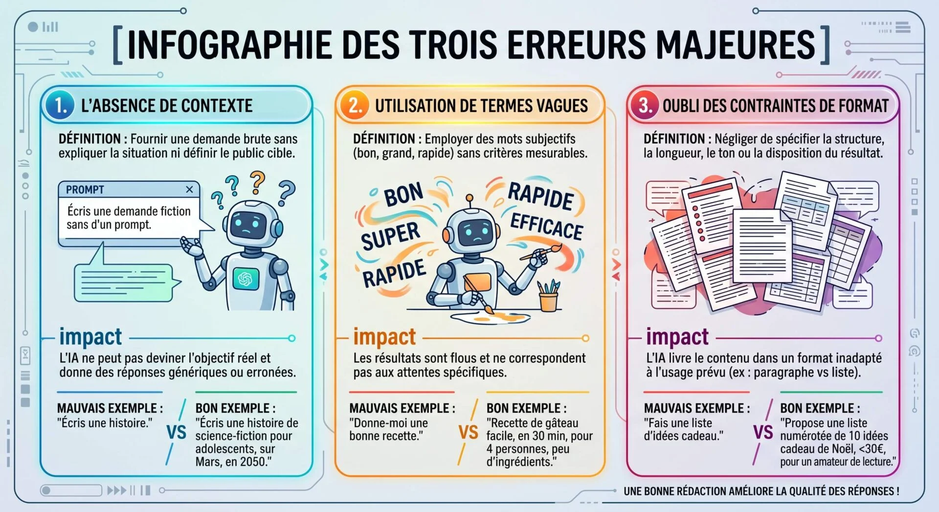 Infographie des 3 erreurs majeures de prompt pour l'IA : absence de contexte, termes vagues et oubli du format. Exemples.