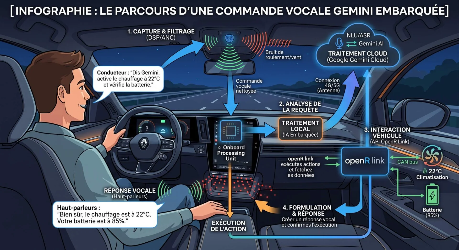 Processus détaillé d'une commande vocale Gemini embarquée dans une Renault, de la requête du conducteur à la réponse de l'IA et l'exécution.