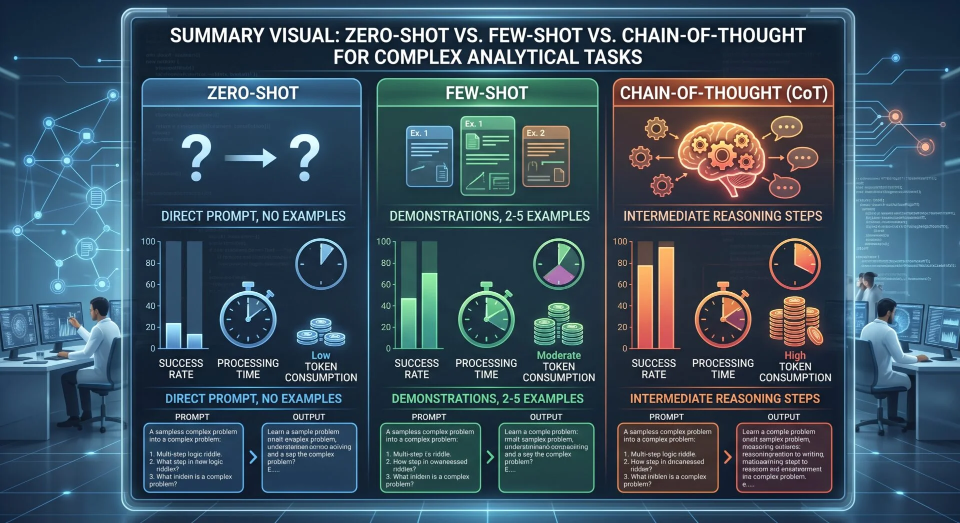 Visual summary comparing Zero-Shot, Few-Shot, and Chain-of-Thought AI prompting for complex analytical tasks.