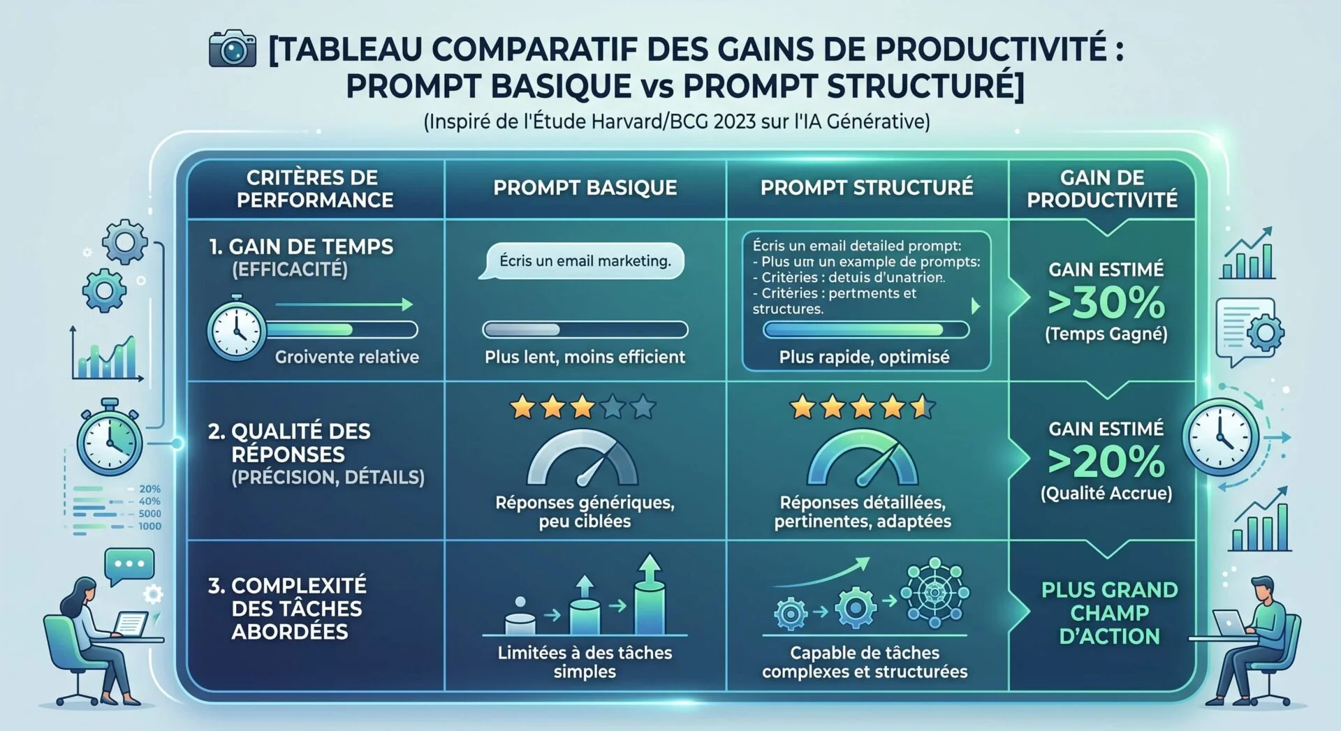 Tableau comparatif des gains de productivité entre un prompt basique et un prompt structuré pour l'IA.