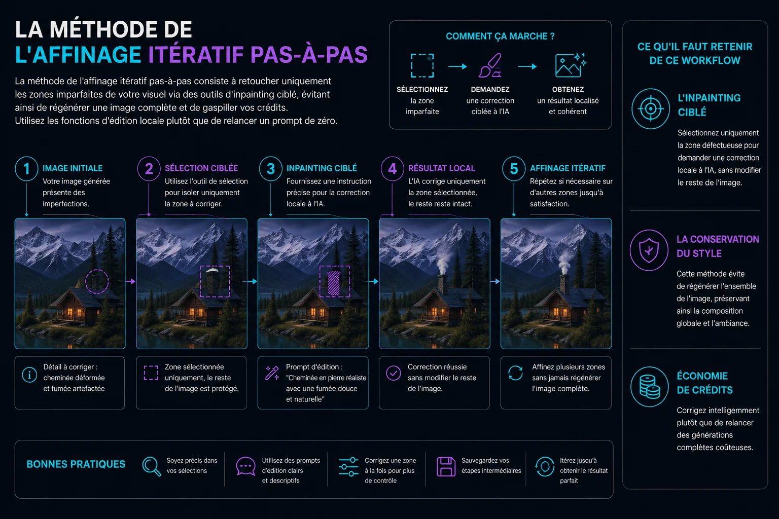 Guide visuel de l'affinage itératif pas-à-pas pour corriger les imperfections des rendus IA via l'inpainting ciblé.