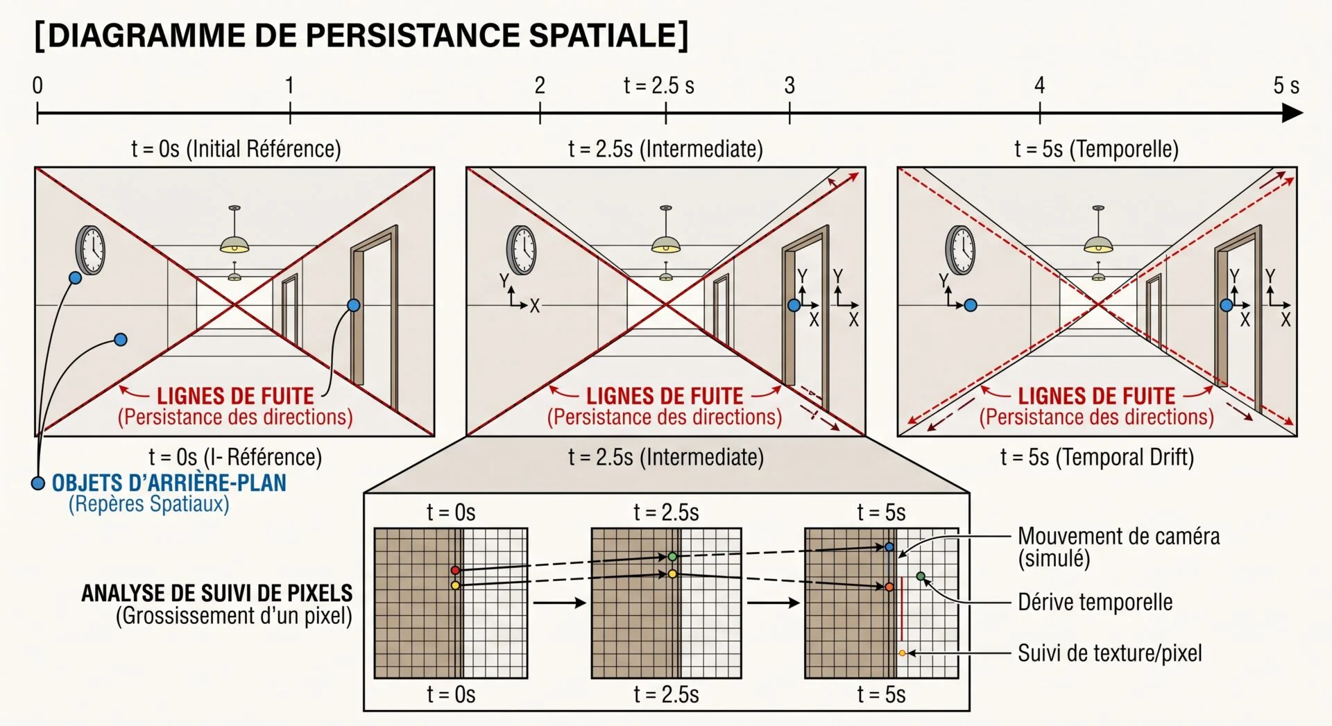 Méthode d'analyse de la persistance spatiale et du suivi de pixels pour identifier les incohérences des vidéos IA.