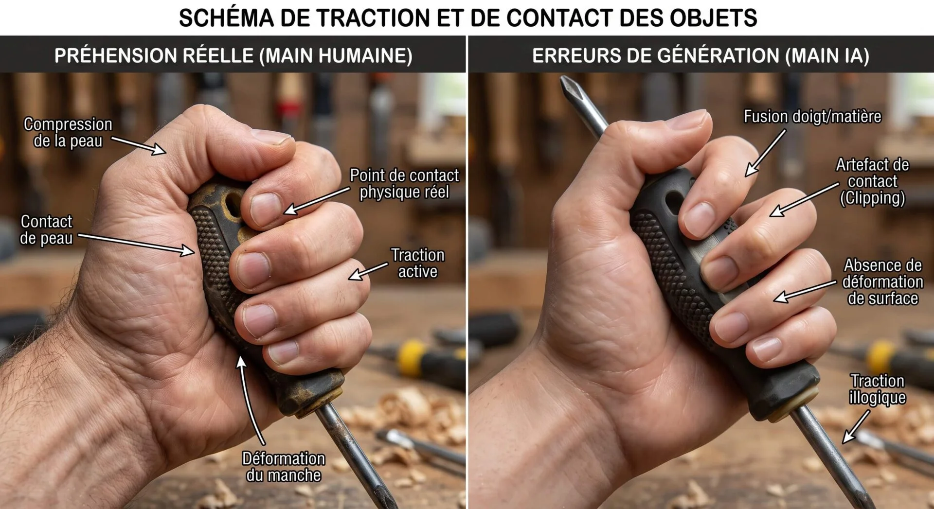 Schéma comparatif main humaine vs main IA saisissant un tournevis, détaillant les erreurs physiques de génération d'objets.