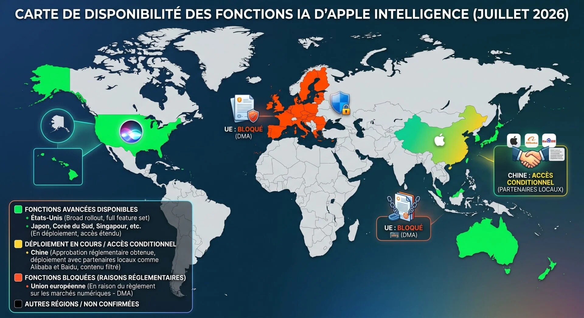 Carte mondiale de la disponibilité d'Apple Intelligence en juillet 2026, montrant les fonctions bloquées en UE (DMA).