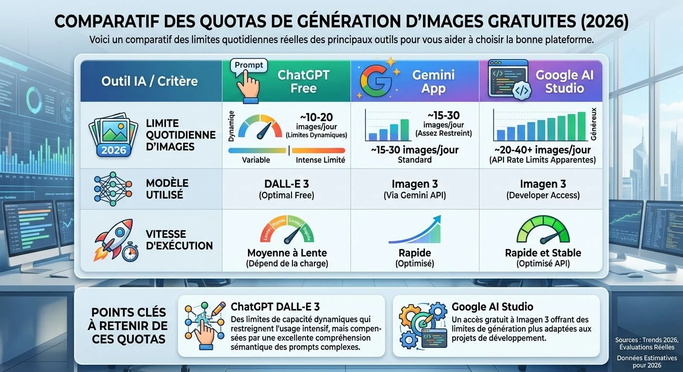 Comparatif détaillé des limites quotidiennes de création de contenus visuels IA gratuits avec ChatGPT, Gemini et Google AI Studio pour 2026.