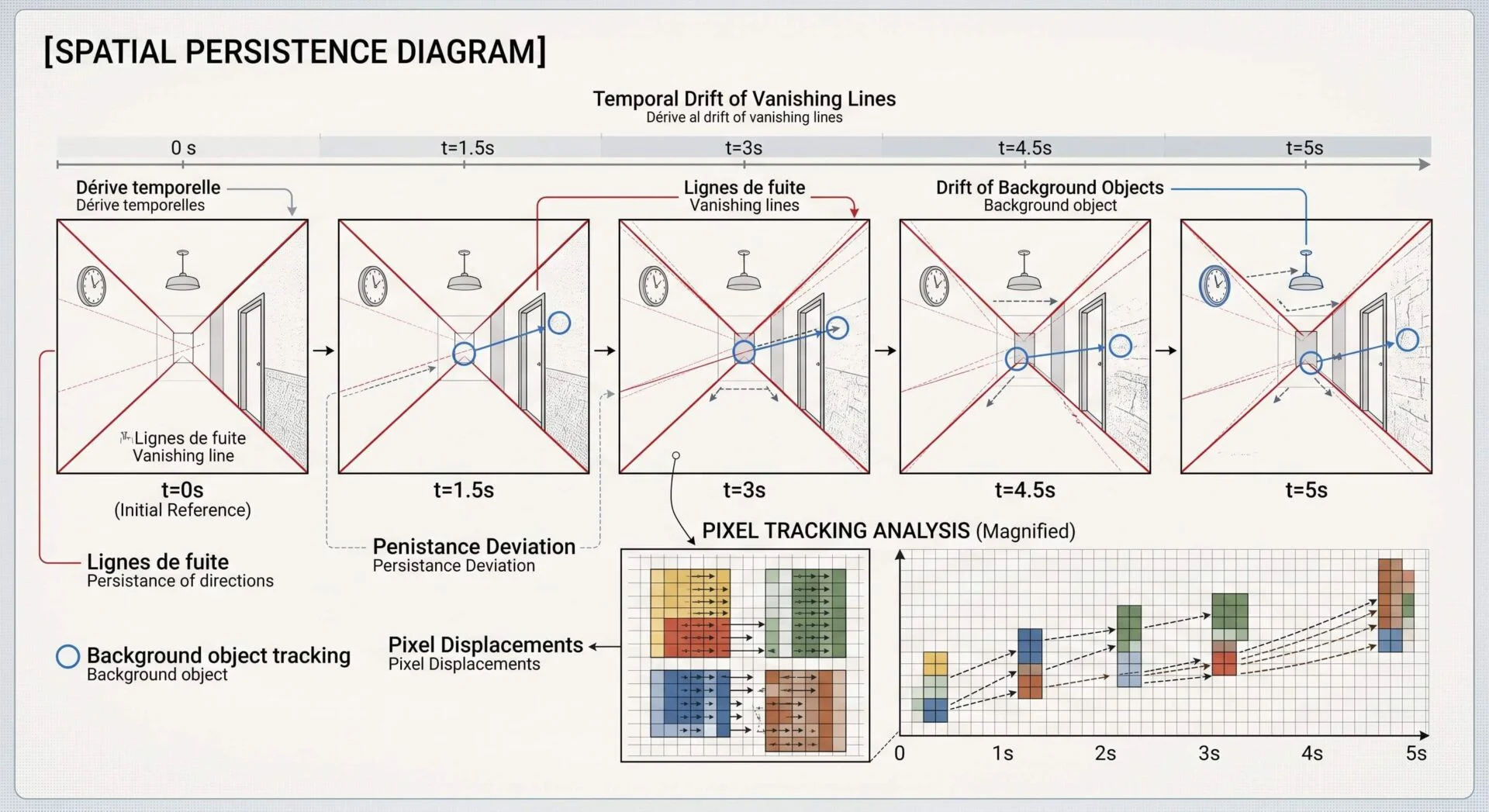 A spatial persistence diagram showing the temporal drift of vanishing lines and background objects, revealing inconsistencies in AI-generated videos.