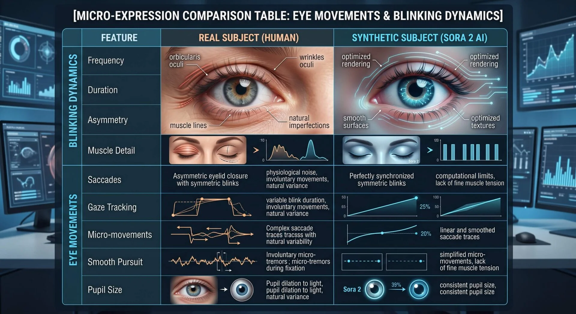 Comparison table of human and AI (Sora 2) eye microexpressions, detailing blinks, saccades, and pupil movements.