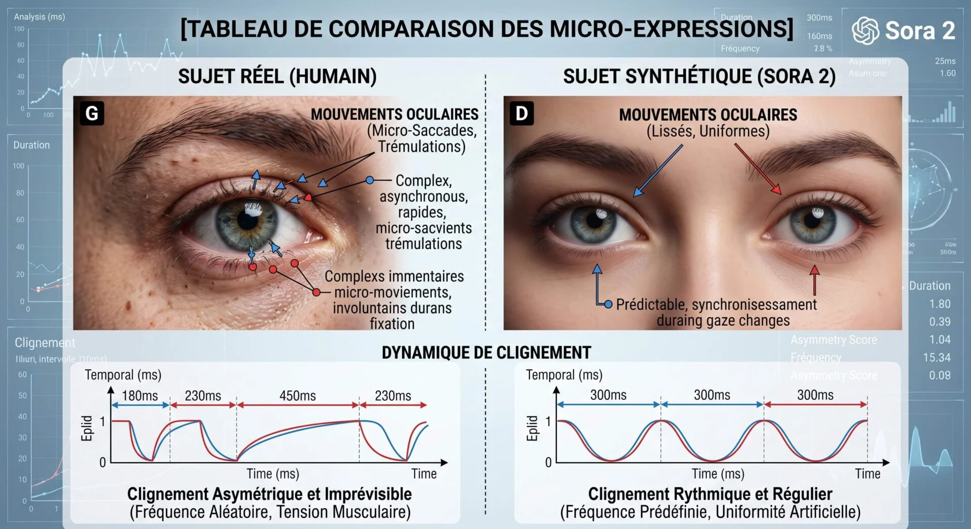 Comparaison des micro-expressions oculaires et dynamiques de clignement entre un œil humain et une vidéo IA (Sora 2) pour détecter les deepfakes.