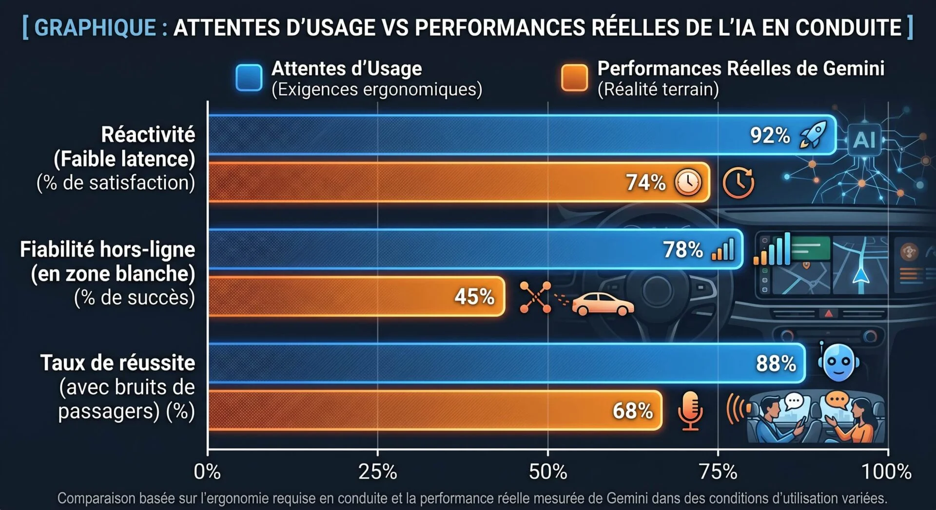 Graphique comparant les attentes ergonomiques et les performances réelles de Gemini openR link Renault en conduite (réactivité, fiabilité, bruit).