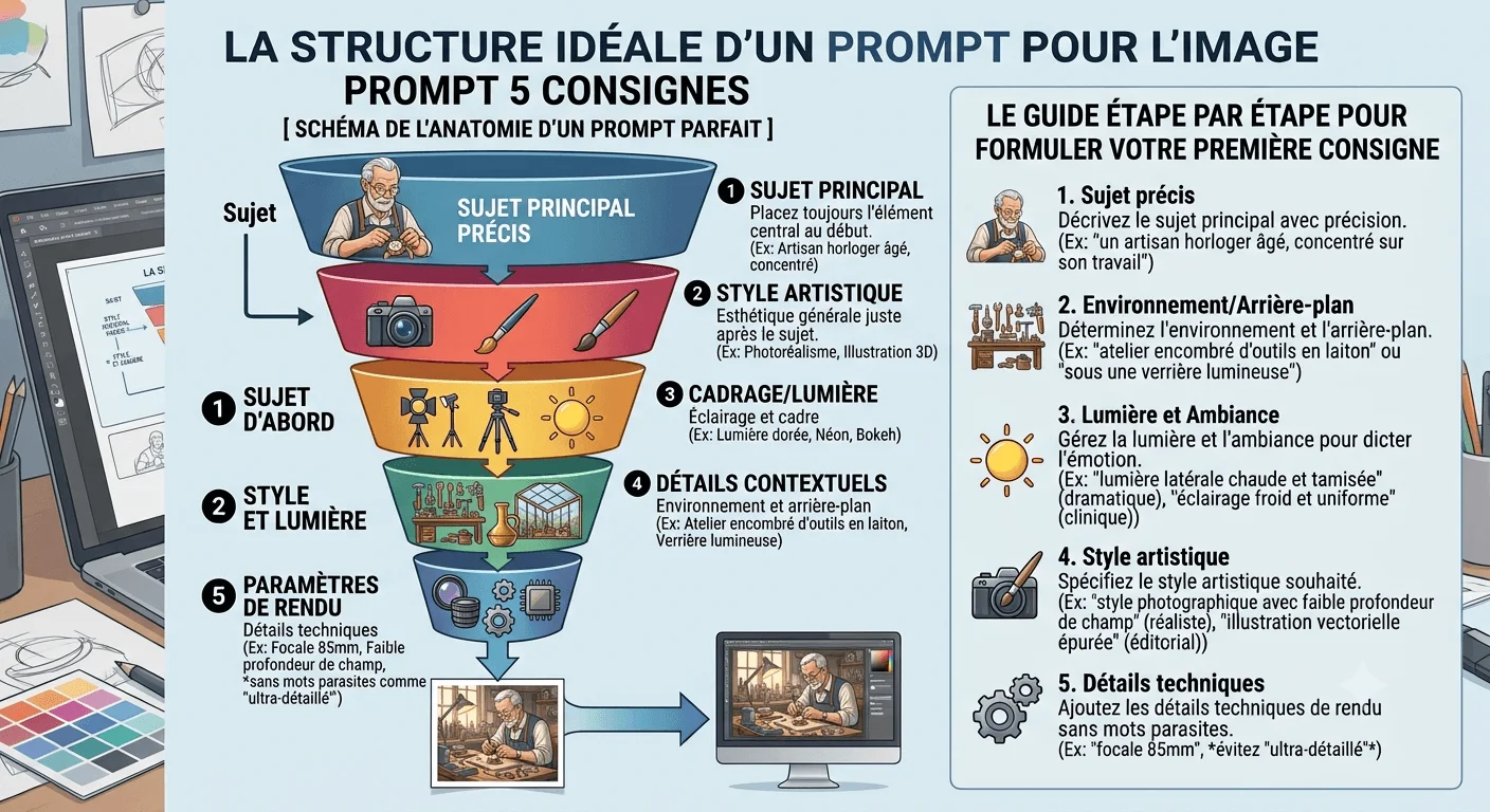 Schéma détaillé pour structurer un prompt IA parfait, avec 5 étapes clés pour générer des créations visuelles de qualité.