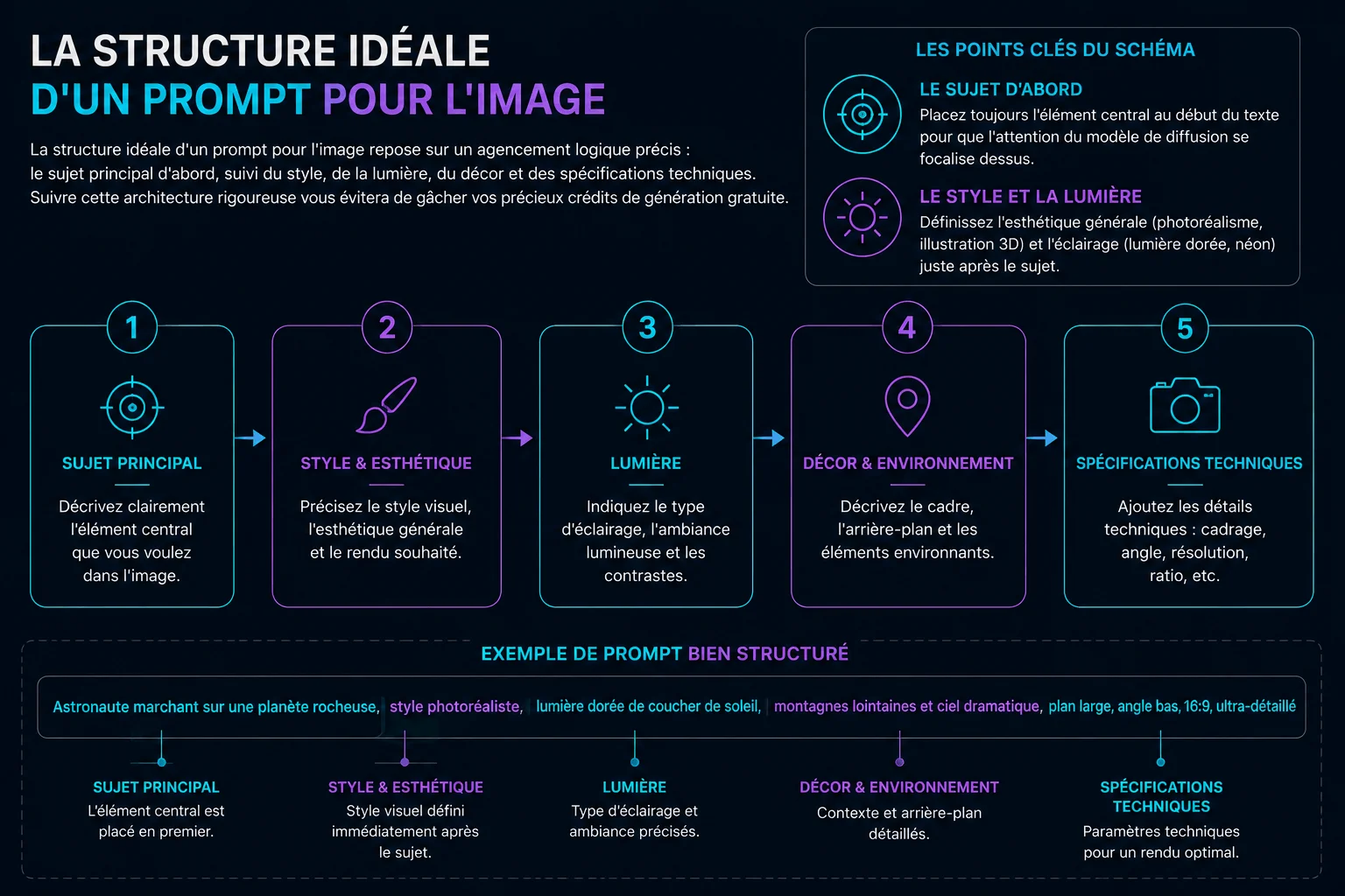 Structure idéale d'un prompt pour générer des visuels IA : 5 étapes clés (sujet, style, lumière, décor, specs) et exemple détaillé.