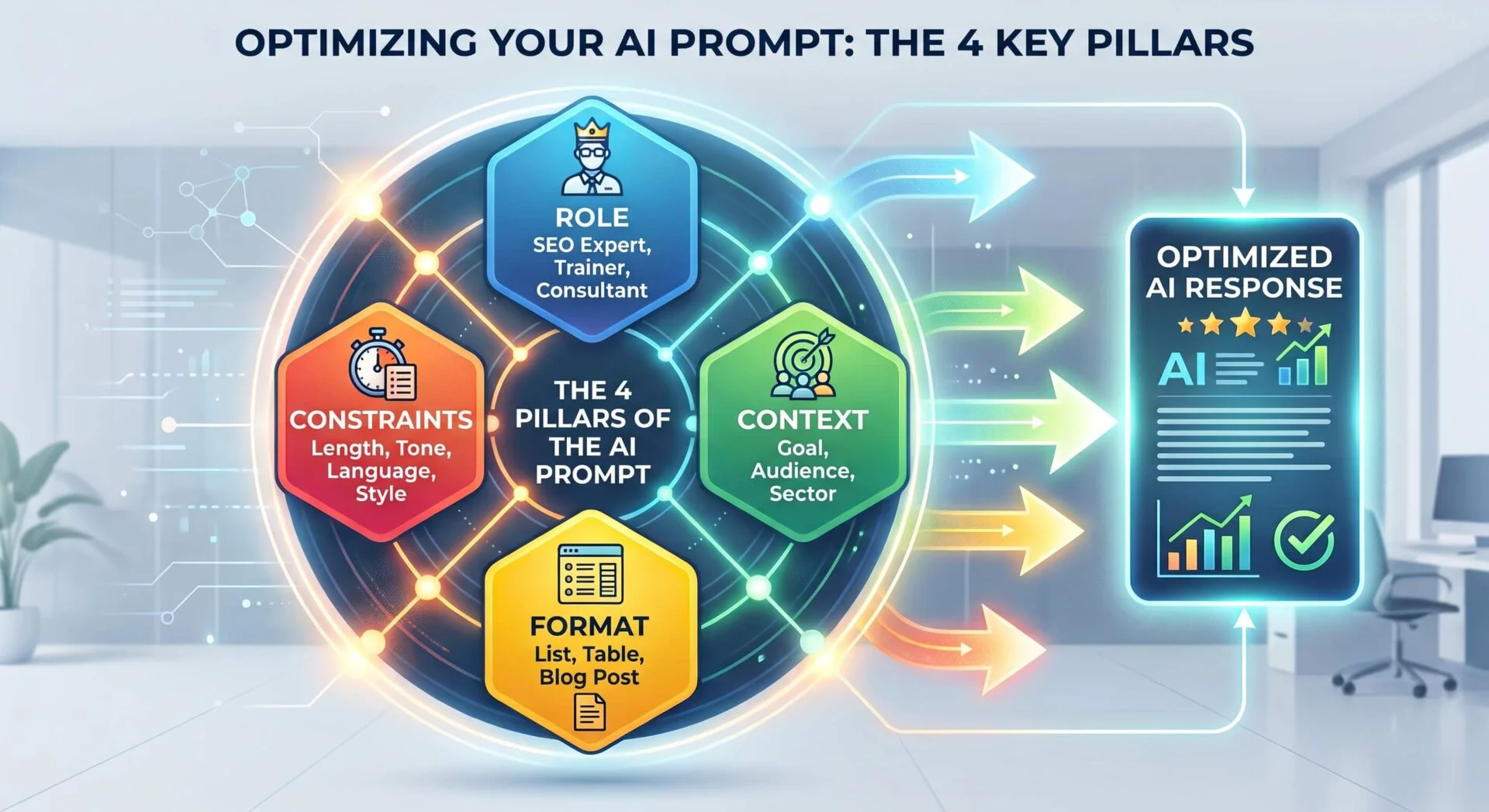 Infographic detailing the 4 key pillars for optimizing AI prompts: Role, Constraints, Context, and Format, leading to superior AI responses.
