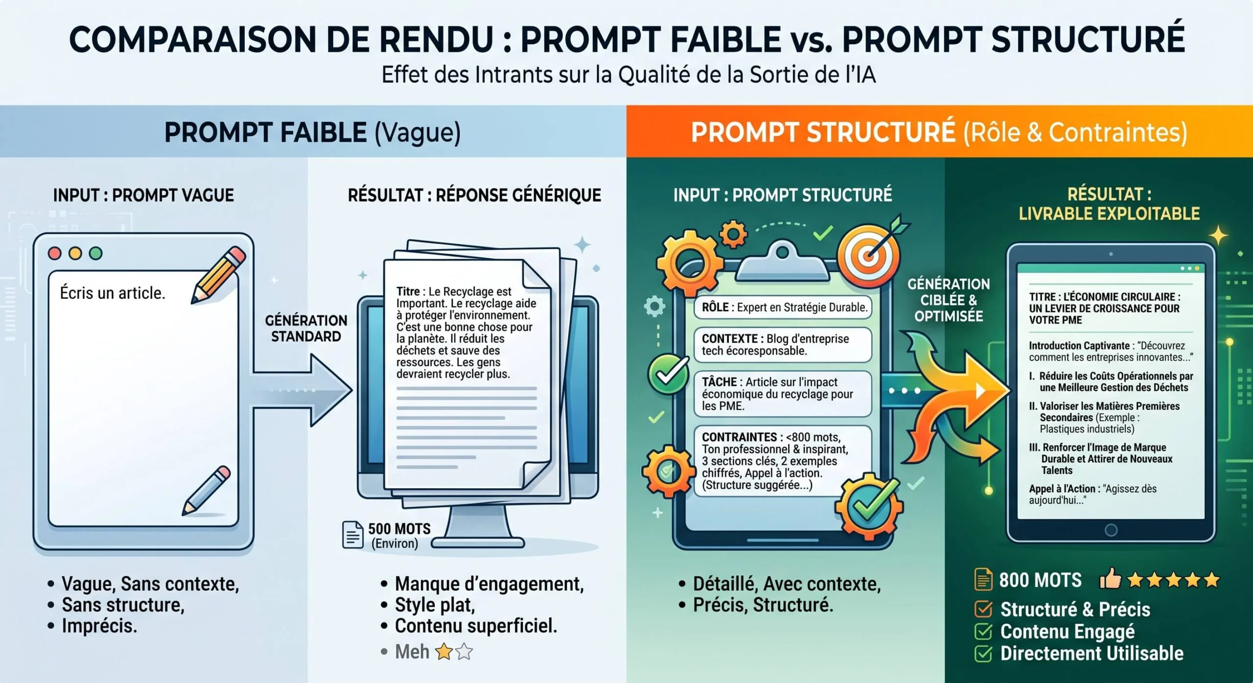 Comparaison visuelle entre un prompt IA vague et un prompt structuré, montrant l'impact sur la quality et l'exploitabilité des résultats générés.