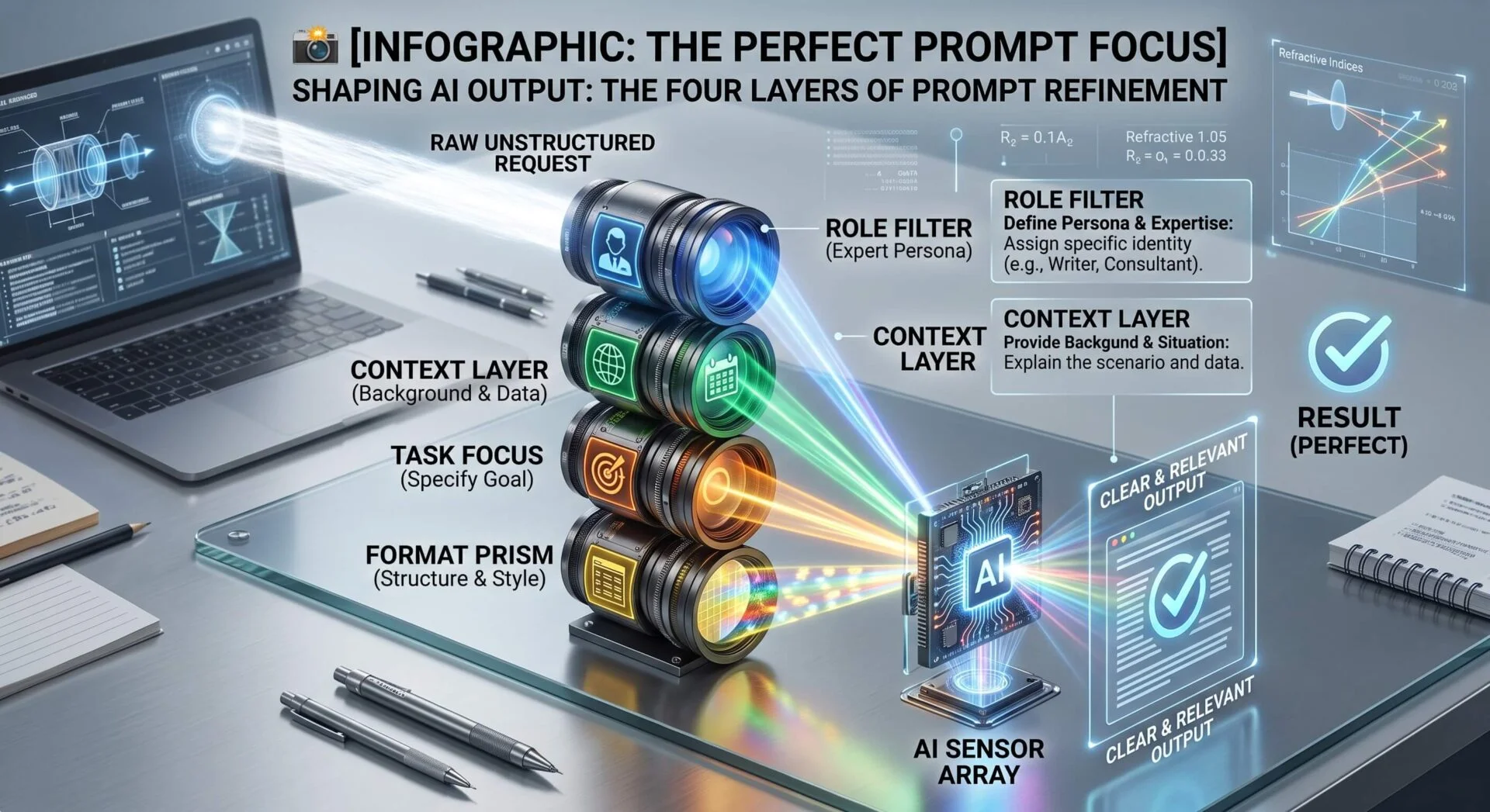 An infographic detailing the four levels of refinement for an AI prompt—role, context, task, and format—to achieve the perfect result.