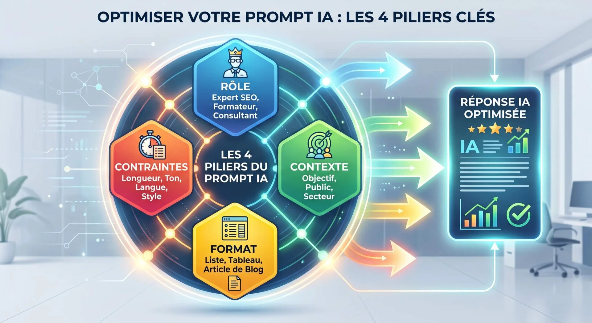 Infographie des 4 piliers clés pour optimiser un prompt IA : Rôle, Contraintes, Contexte et Format, menant à une réponse IA optimisée.