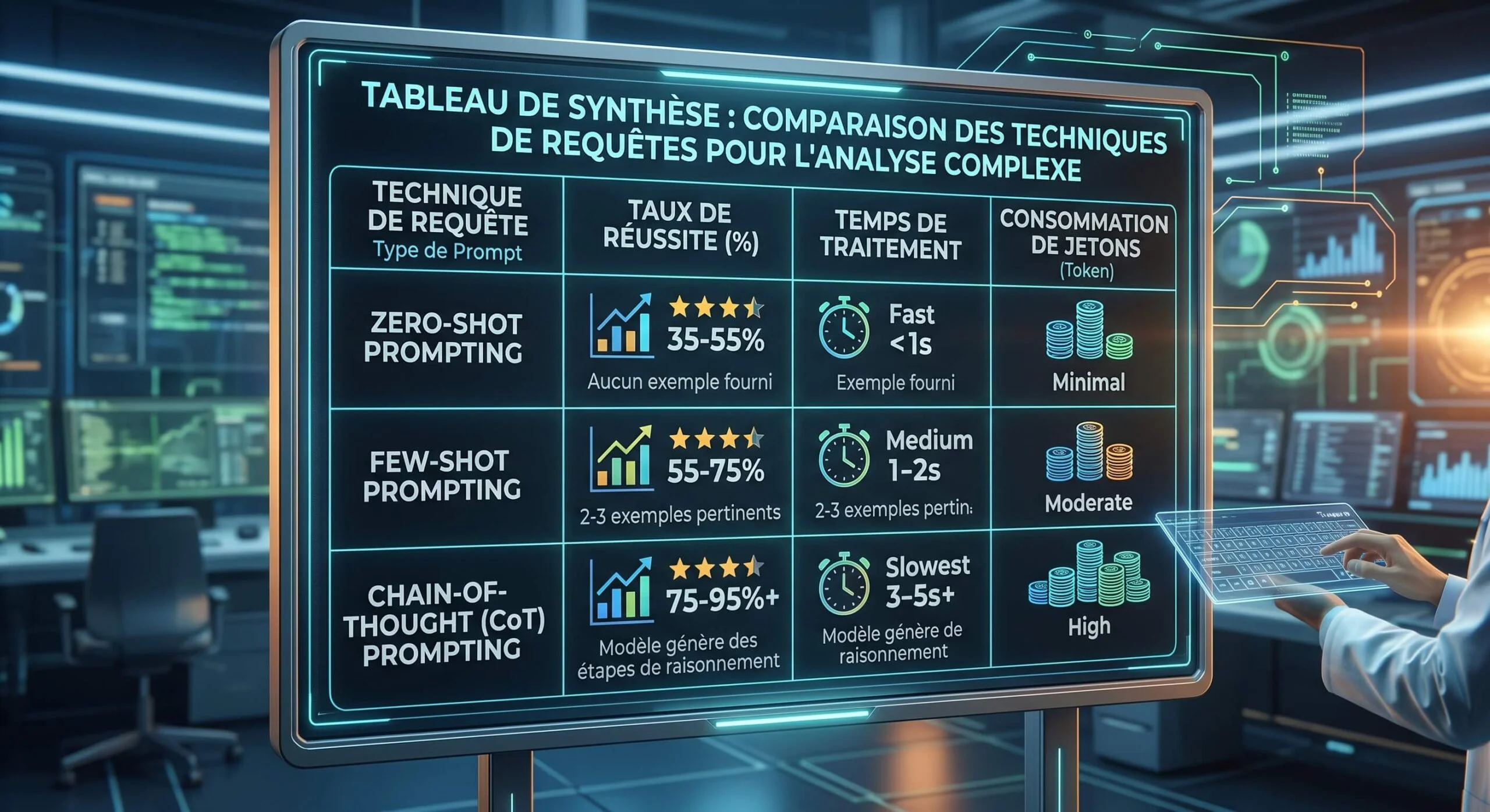 Tableau comparatif des techniques de prompt IA : Zero-shot, Few-shot et Chain-of-Thought, avec leurs performances et coûts.