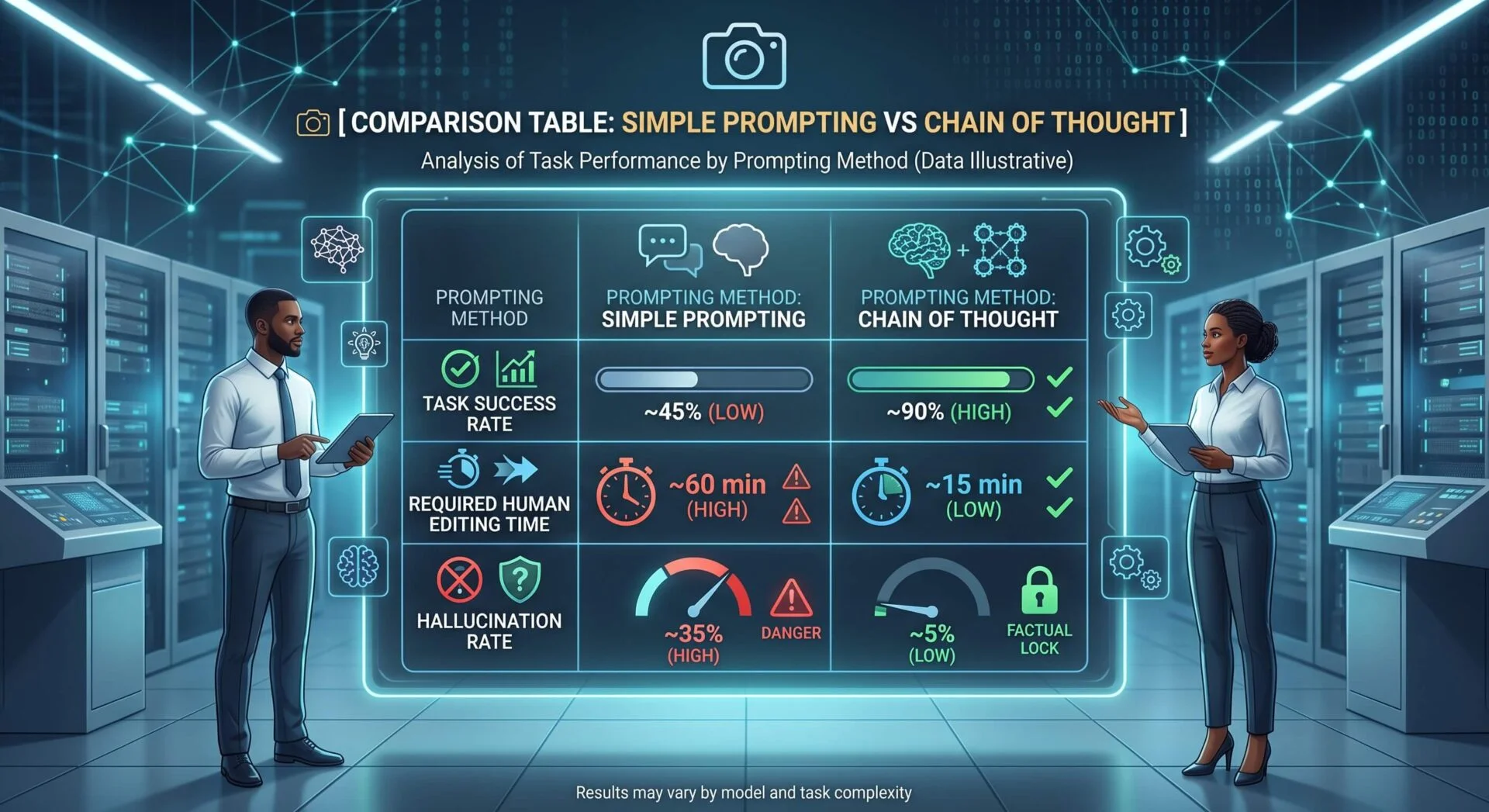Data visualization comparing Simple Prompting and Chain of Thought AI methods, highlighting Chain of Thought's superior performance.