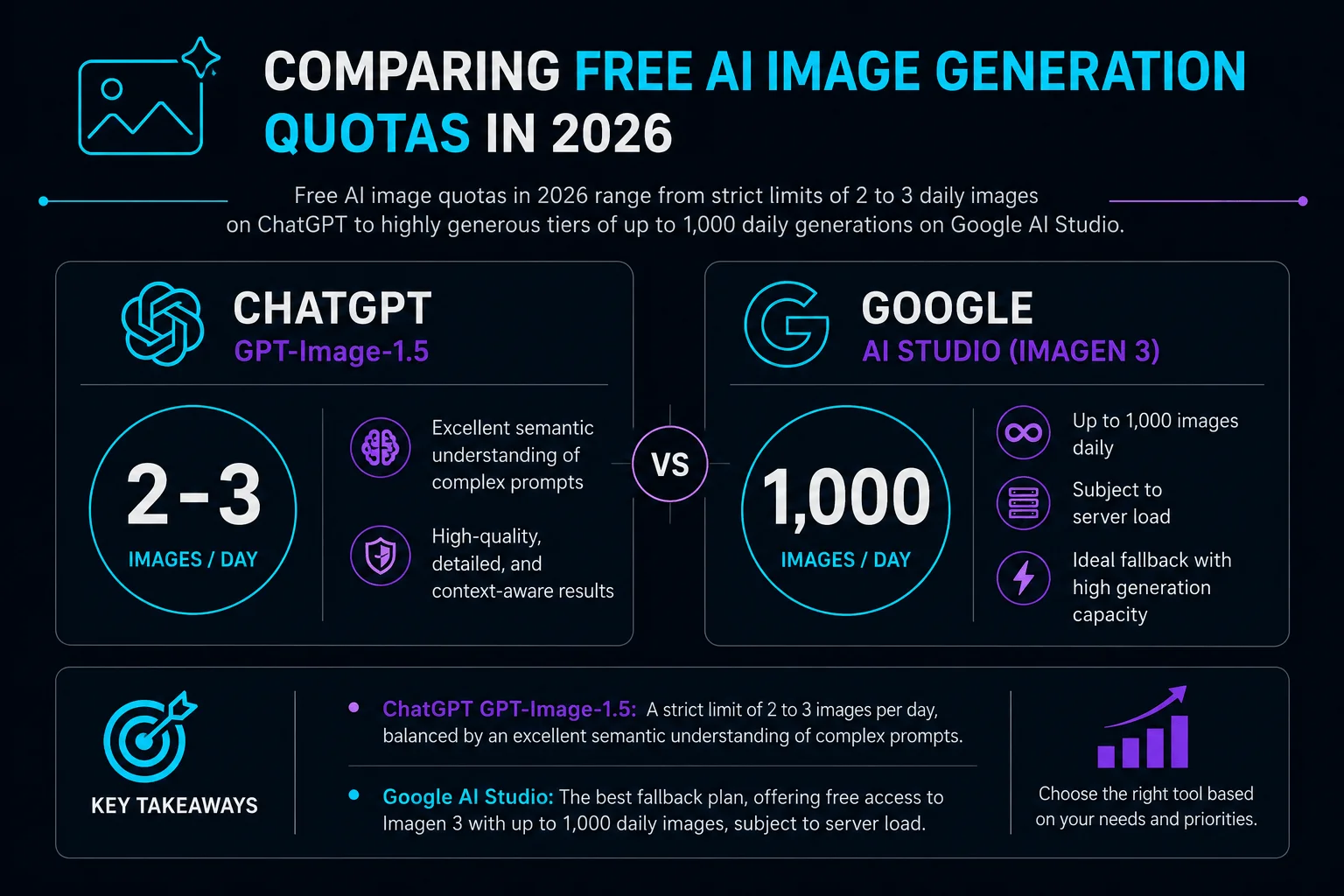 Comparaison des quotas de génération de contenu IA gratuite en 2026 : ChatGPT (2-3 par jour) vs Google AI Studio (1000 par jour).