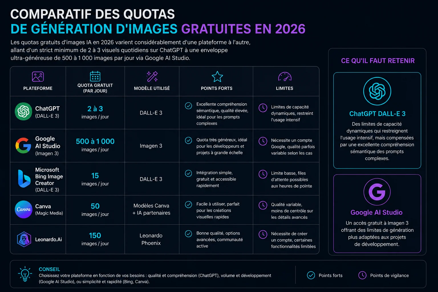Tableau comparatif des quotas de génération IA gratuits en 2026 pour ChatGPT, Google AI Studio, Bing, Canva, Leonardo.Ai.