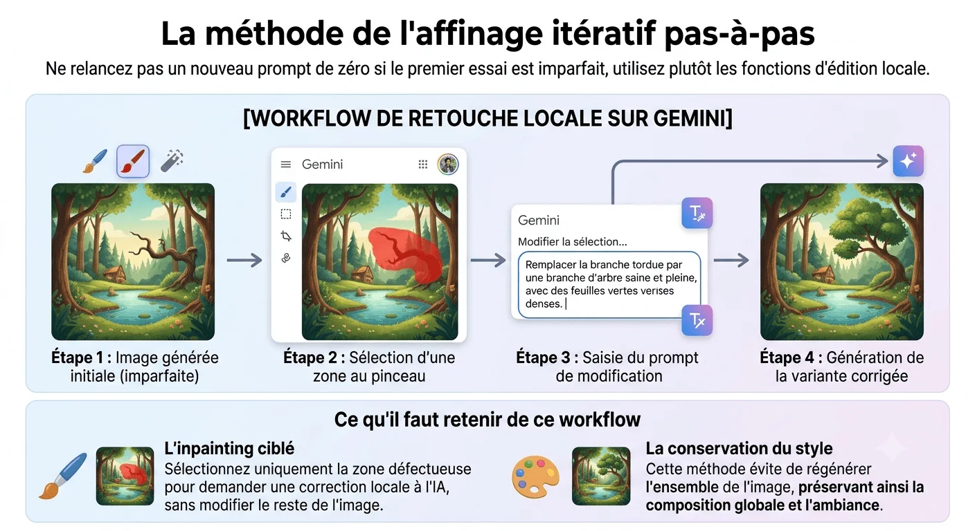 Workflow détaillé de retouche locale d'un visuel IA avec Gemini, corrigeant une branche d'arbre tordue par inpainting ciblé.