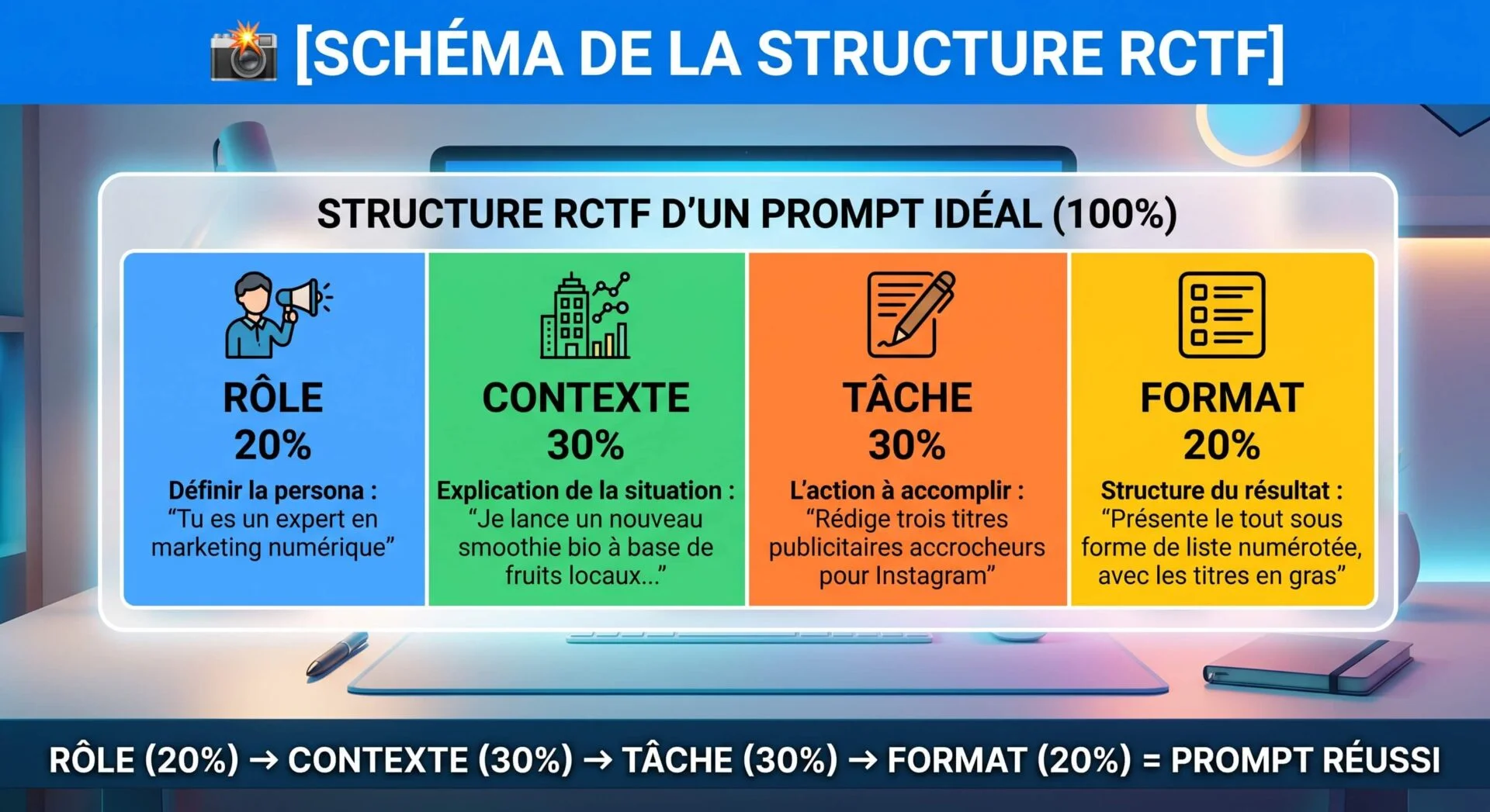 Schéma de la structure RCTF d'un prompt idéal pour l'IA, détaillant Rôle, Contexte, Tâche et Format avec leurs pourcentages.