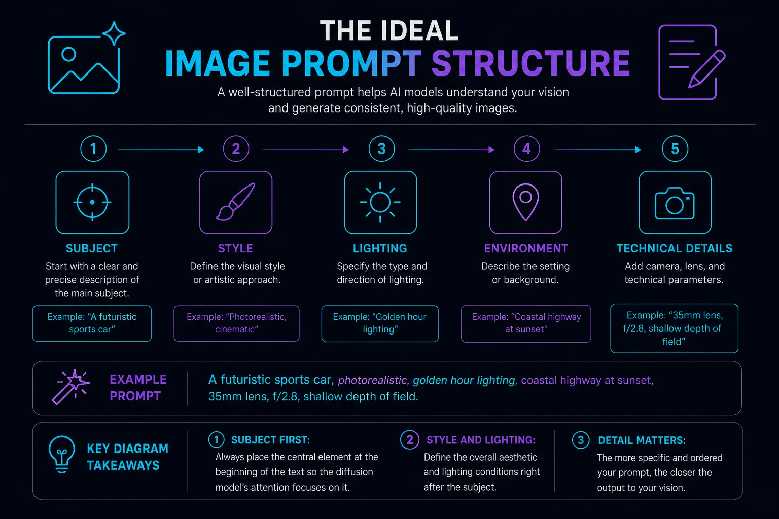 Guide visuel de la structure idéale d'un prompt pour générer des créations IA: sujet, style, éclairage, environnement, détails techniques.