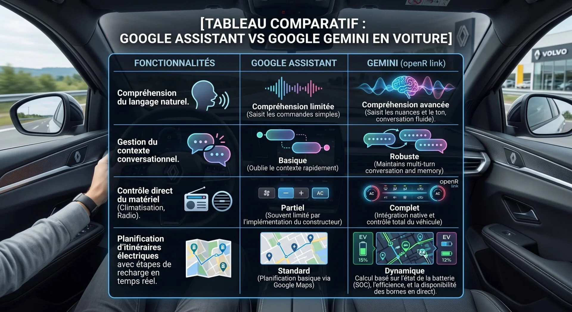 Tableau comparatif : Google Assistant vs Gemini openR link Renault. Analyse des fonctionnalités IA pour la conduite et l'itinéraire électrique.