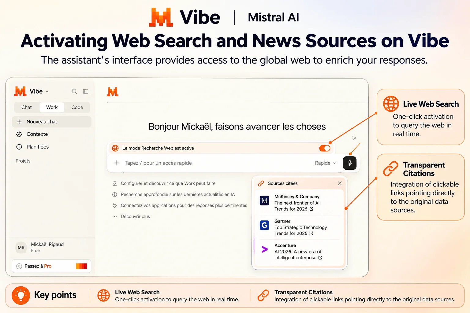 Interface Mistral AI Vibe : activation de la recherche web et des sources d'actualités avec citations transparentes.